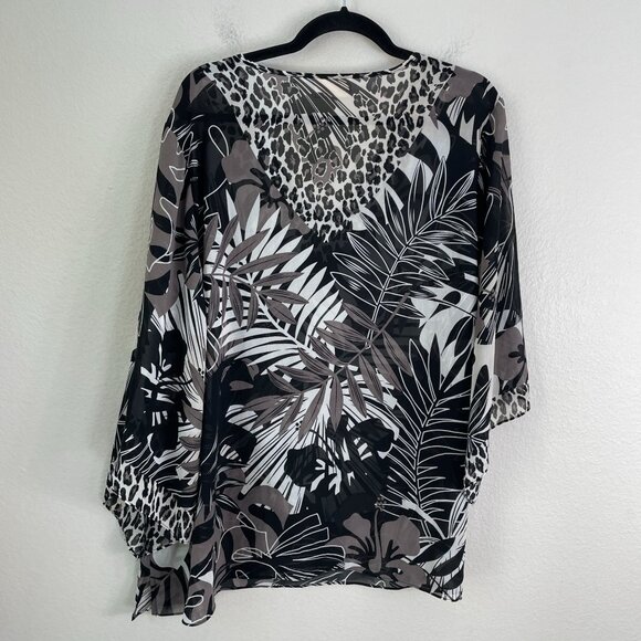 Kim Gravel Belle Womens Plus 2X Poncho Black Gray Jungle Leopard Tunic Top - Picture 8 of 10